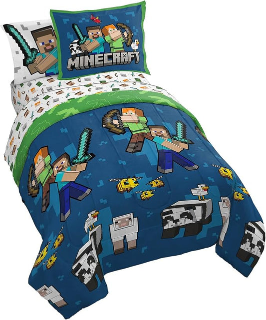 Minecraft Creeper Twin Comforter Set 5 Piece Kids Bedding for Boys, Blue | Zombie Enderman, Bed in a Bag, Comforter Sheets Sham Pillowcase, Official Brand, Soft Microfiber, Machine Washable, Boys Gift by JayFranco