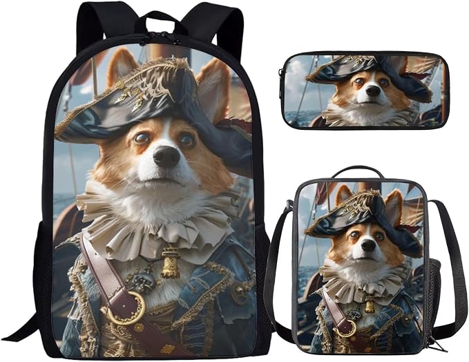 17 Inch Animal Print School Backpack And Lunch Box Set for Kids Lightweight Funny Corgi Backpack for Boys Girls Sturdy School Bag with Insulated Lunchbox Pencil Case Student Bookbag by Parprinty