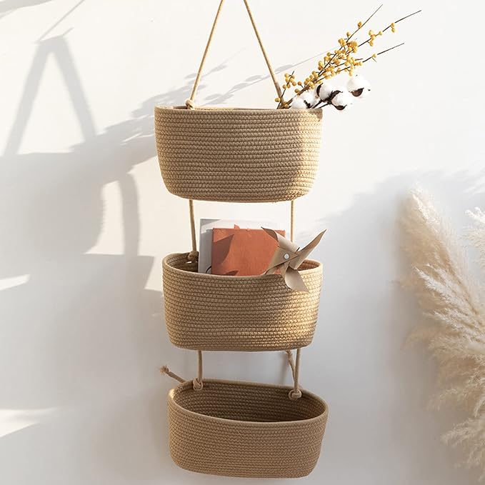 3-Tier Over the Door Hanging Basket, Wall Mount Hanging Storage Organiser Bag, Cotton Rope Woven Storage Solution with Hook, Decorative Hanging Baskets for Bedroom, Living Room, Bathroom, Nursery (B) - Image 8