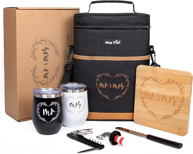 Hap Tim Wedding Gifts for Couples, Bridal Shower Gifts, Engagement Gifts for Newlyweds, Mr and Mrs gifts - Wine Cooler Bag Insulated Wine Carrier Tote with Tumblers, Bamboo Cheese Borad by HapTim