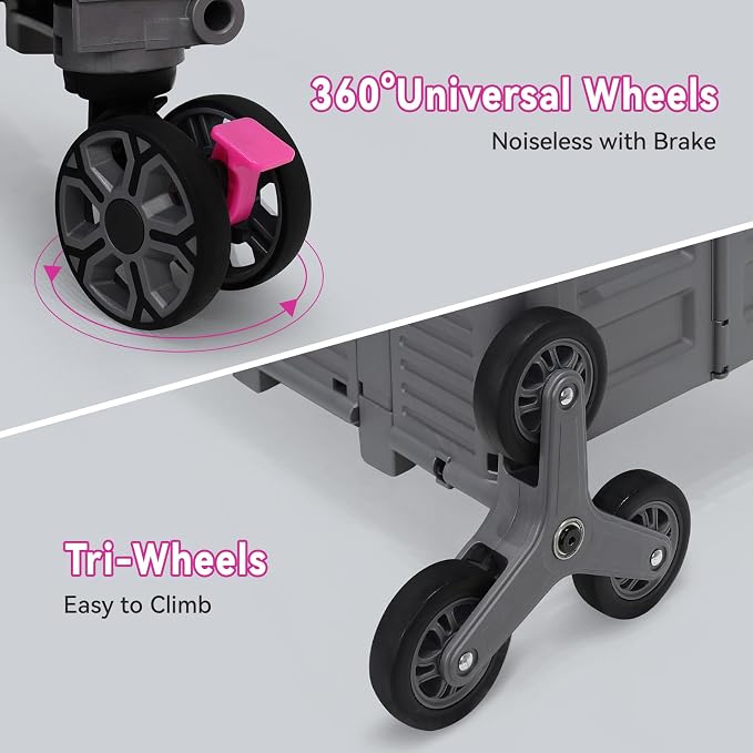 Foldable Utility Cart Portable Crate Rolling Dolly with Telescopic Handle,Can be Pulled diagonally, Magnetic Retractable Lid, 360°Swivel Climbing Wheels for Shopping Carrying Groceries Move Grey - Image 4