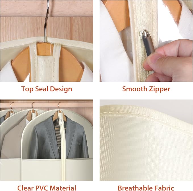 Univivi Suit Bags for Closet Storage, 40" Garment Bags for Hanging Clothes, Garment Bag for Travel and Storage with Large Visible Window for Suit Coat, Jacket, Sweaters (Set of 6), Biege - Image 4