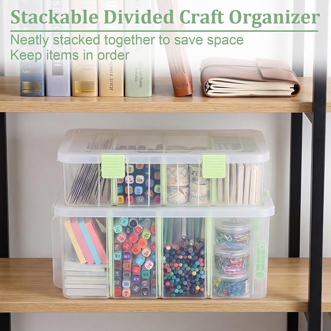 BTSKY Clear Plastic Dividing Storage Box with 4 Compartments Adjustable Storage Bin with Lid Plastic Craft Storage Container Multipurpose Sewing Box Art Supply Organizer, 13.3x8.1x3.4 Inches, Green - Image 8