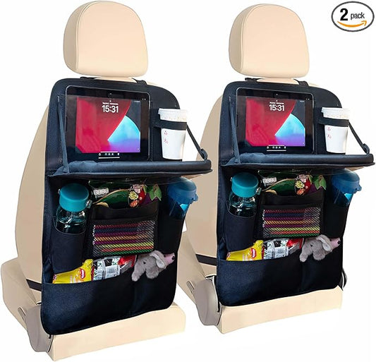 Backseat Car Organizer with Tray, 9 Storage Pockets Back Seat Protector with Foldable Tablet Holder, Waterproof Back of Seat Kick Mats for Kids Adult, Road Trip Essentials Travel 2 Pack, Black by HaoxiangAuto