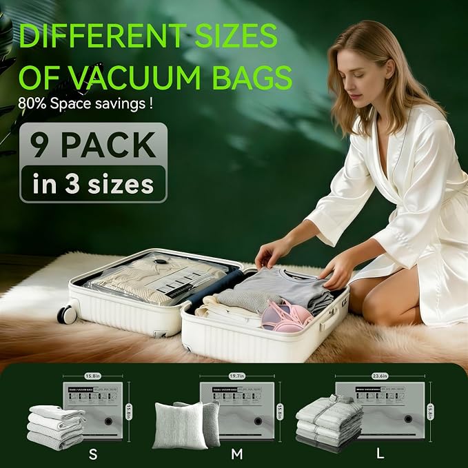 Vacuum Bags for Travel - USB Electric Pump, 9 Pack Carry-on Size Vacuum Seal Bags for Clothing - Space Saver Vacuum Storage Bags for Luggage, Travel Essentials. - Image 3