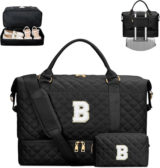 Gifts for Women Girls Initial Travel Duffle Bag Quilted Weekender Bags Carry-On Overnight with Cosmetic Bag, Gym Bag with Shoe Compartment, Black B by Unknown
