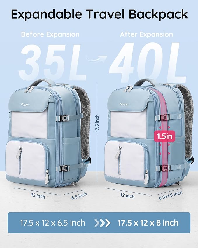 Taygeer Frontier Airlines Personal Item Bag, Expandable 18x14x8 backpack | Travel Backpack with Hidden Shoe Compartment, TSA Approved Personal Item Backpack Fits 15.6" Laptop for Women Weekender, Blue - Image 4