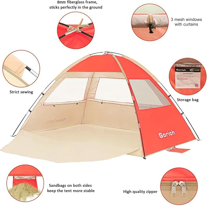 Gorich Beach Tent Sun Shelter for 3/4/6/8/10 Person with UPF 50＋ UV Protection, Lightweight & Easy Setup Beach Shade Canopy, Portable Beach Shade Tent Beach Cabana - Image 4