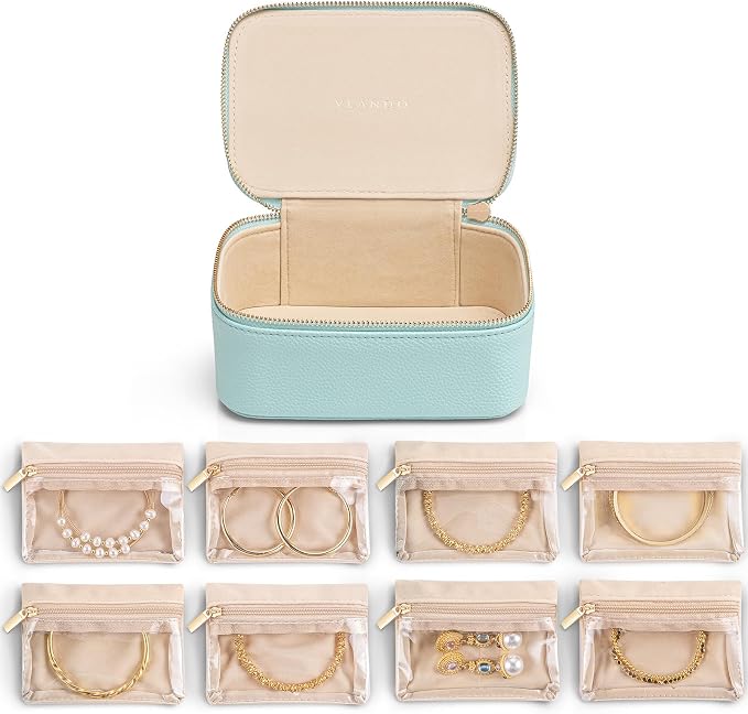 VLANDO Jewelry Travel Case,Travel Jewelry Organizer with Clear Velvet Jewelry Bags 8Pcs Zipper Pouch for Women Girl Gift-Lake Blue by VLANDO