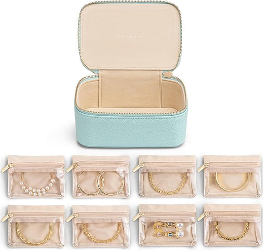 VLANDO Jewelry Travel Case,Travel Jewelry Organizer with Clear Velvet Jewelry Bags 8Pcs Zipper Pouch for Women Girl Gift-Lake Blue by VLANDO