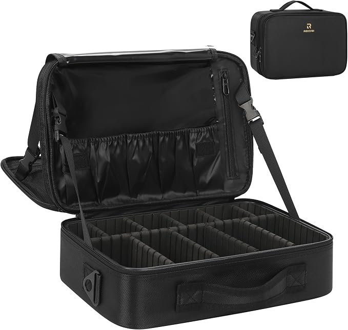 Relavel Makeup Bag Travel Makeup Train Case Large Cosmetic Case Professional Portable Makeup Brush Holder Organizer and Storage with Adjustable Dividers and Shoulder Strap Black by Relavel