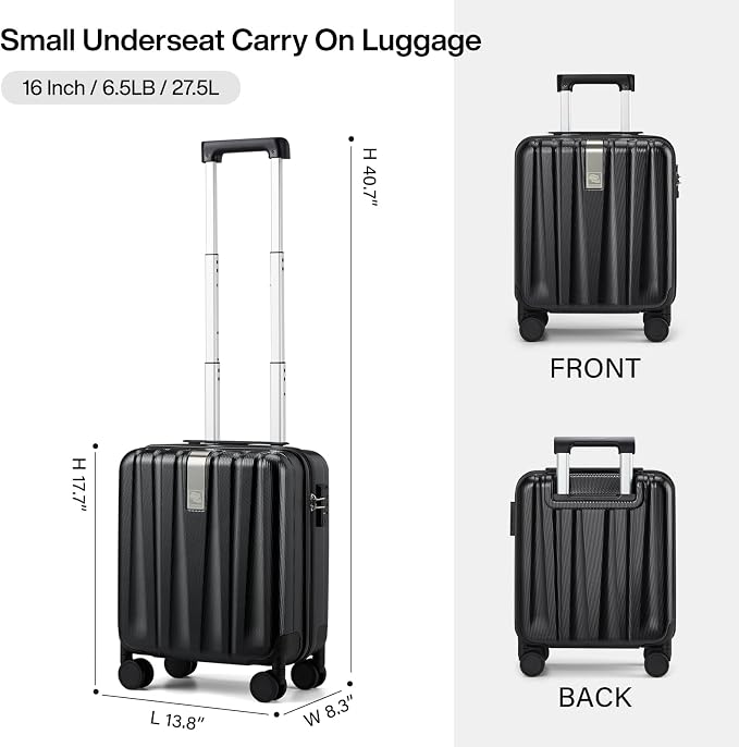 Hanke 16 Inch Underseat Carry on Suitcases with Wheels,Lightweight Hard Shell Carry on Luggage for Weekender,Travel Approved Small Suitcase,Travel Luggage for Womem Men,Jet Black. - Image 3