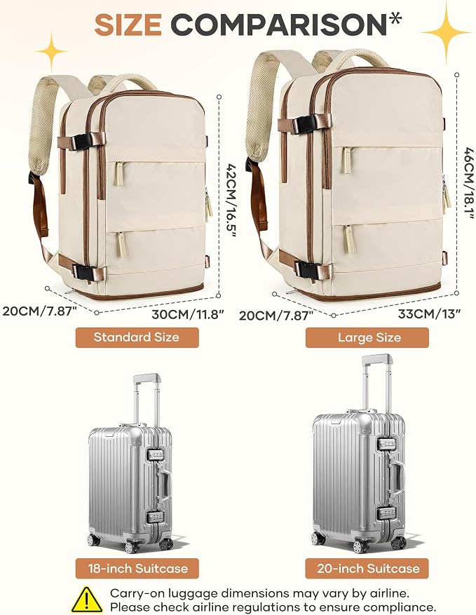 coofay Large Travel Backpack Carry on Flight Approved Mochila De Viaje Personal Item Travel Bag Backpacks for Men Women Carry on Backpack for Airplanes 18x14x8 Inches Travel Bag Beige with Brown - Image 4