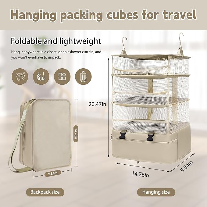 Hanging Packing Cubes for Travel, Oxford 300D fabric hanging storage organizer, can be carried on both shoulders (rice-white, L-1) - Image 2