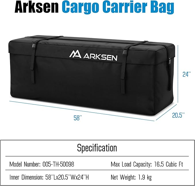ARKSEN 600D PVC Waterproof Roof Cargo Bag with Lock, Nylon Net, Hitch Stabilizer, 2 Ratchet Straps for SUV, Truck, Van with/Without Rack - Image 7