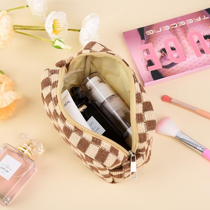 SOIDRAM 2 Pieces Makeup Bag Pouch Checkered Cosmetic Bag Black Brown, Travel Toiletry Bag Organizer Cute Makeup Brushes Storage Bag for Women - Image 6