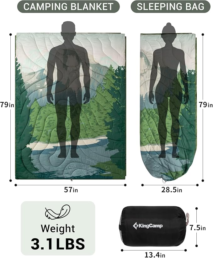 KingCamp Large Camping Blanket with Sherpa Lining, Packable Down Alternative Puffy Printed Wearable Blanket with Snap Buttons, Warm Weatherproof Quilt for Outdoor Travel (79" L x 57" W, Green) - Image 2
