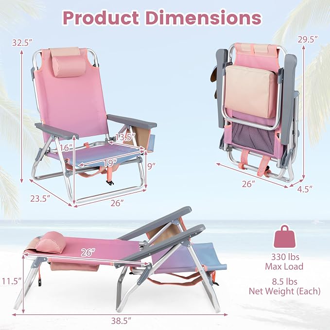 Giantex Folding Beach Chair, Patio Sling Chairs with 5 Adjustable Position, Head Pillow, Storage Bag, Towel Bar, Cup Holders, Backpack Chairs for Sunbathing, Camping Chair - Image 2
