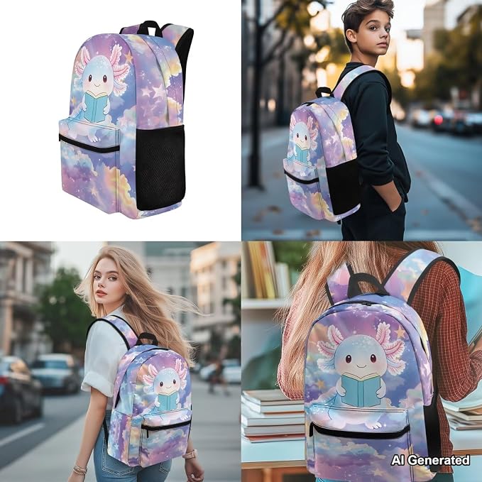 Axolotl Backpack for School Kids Boys 10-12 Galaxy Cute Bookbag with Lunch Box 4-in-1 Set Boys Backpack with Adjustable Straps 5th 6th Grade Backpacks for Girls School Bag Set - Image 4
