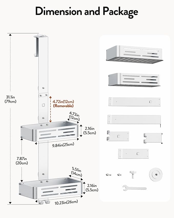 Orimade Aluminum Over the Door Shower Caddy, Rustproof Hanging Shower Organizer, Heavy Duty,Adjustable Height,Safe Rounded Edges, Bottom Plate to Hold Small Items, for Bathroom Storage, 2-Tier Silver - Image 2