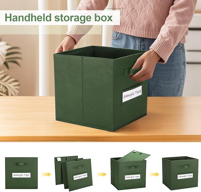 Fabric storage cubes (8 Pack) 13 Inch Cube Storage Bin, cube organizer bins with 8 Labels Window Cards & a Pen, Foldable cube organizer bins and Storage Box, Dark Green - Image 4