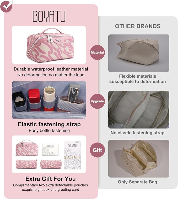 BOYATU Travel Makeup Bag for Women: Large Capacity 3-Piece Cosmetic & Toiletry Organizer - Expands Storage by 50% with 2 Detachable Pouches,Opens Flat for Easy Packing,Waterproof PU Leather(Pink) - Image 3