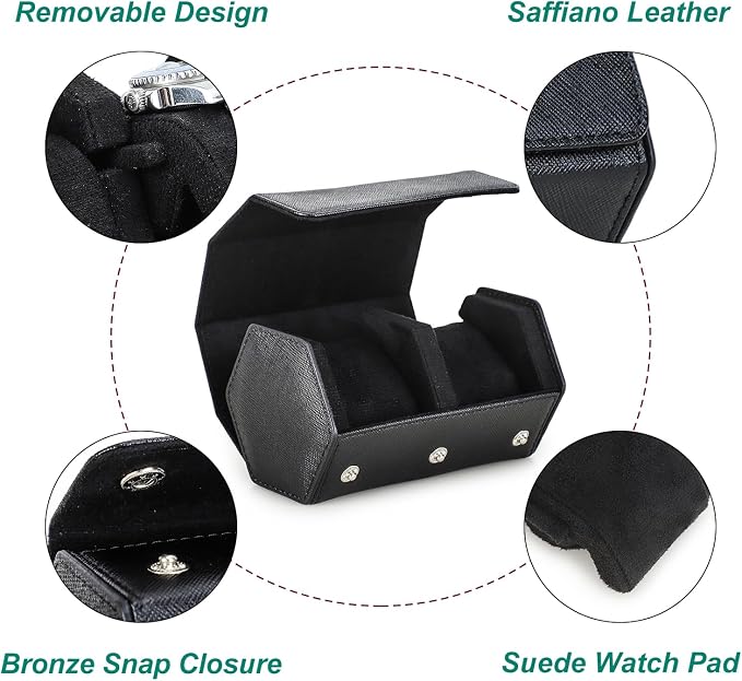 Hiram Genuine Leather Saffiano Watch Roll Travel Case, Leather 2-Watches Roll Case for Treasured Watches and Bracelets(Black) - Image 5