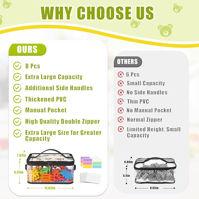8 Packs Large Clear Toy Storage Bags with Labels, Handles, Zippers L | Large Capacity, Transparent PVC, Waterproof Dustproof, Space-saving, Portability for Building Blocks, Puzzle, Dolls, Travel - Image 2