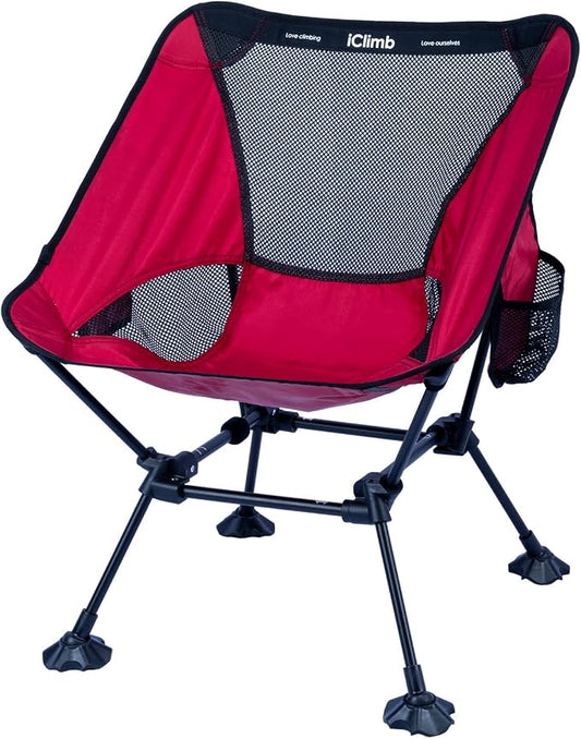 iClimb Ultralight Compact Camping Folding Beach Chair with Anti-Sinking Large Feet and Back Support Webbing (Red - Square Frame) by iClimb