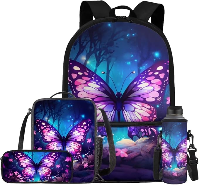 Purple Butterfly Elementary School Backpack for Girls with Lunch Box Lightweight Large Capacity Student Bookbag for Kids Teens Children Casual Travel Daypack Cute School Supplies Set by Bivxisrvo