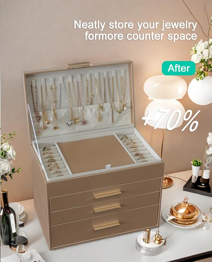 BOOVO Jewelry Boxes for Women, White and Black 6 Layer Large Jewelry Box for Necklace, Bracelet, Earrings, Rings Storage, Jewelry holder Organizer for Girls Gift (Champagne, 5 Layer) - Image 5