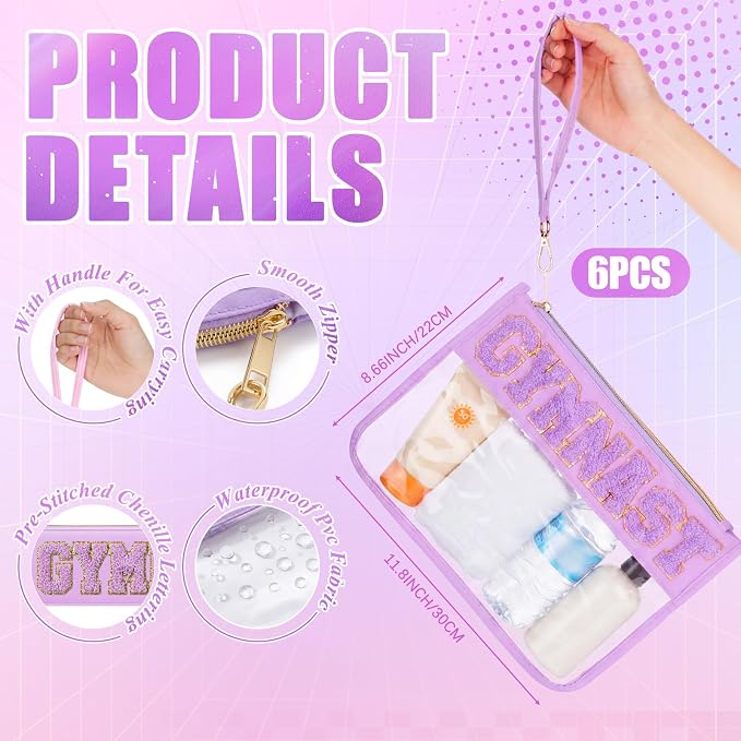 6 Pcs Gymnastics Gifts Cosmetic Makeup Bags, Purple Clear PVC Zipper Pouch with Chenille Letter Patch, Waterproof Travel Toiletry Storage Bag for Team Girls Women Party Favor - Image 2
