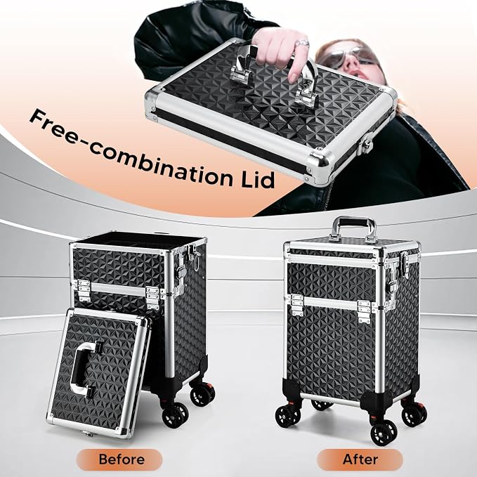 Professional Rolling Makeup Case, 3 in 1 Makeup Train Case, Cosmetology Case on Wheels, Large Makeup Trolley Salon Barber Traveling Trunk Suitcase for Makeup School Nail Tech Hairstylist MUA, Black - Image 5