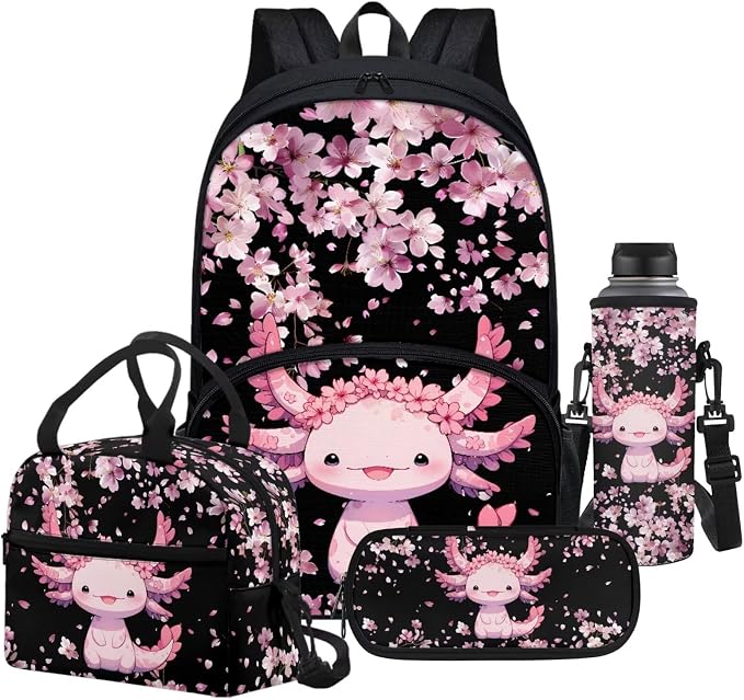 Cartoon Axolotl Schoolbag Set with Lunchbox Pencil Case Water Bottle Sling Bag for Girl,4pcs Cherry Blossom Axolotl Backpack for Elementary Middle School Students,Casual Daypack 17 Inch by FUIBENG