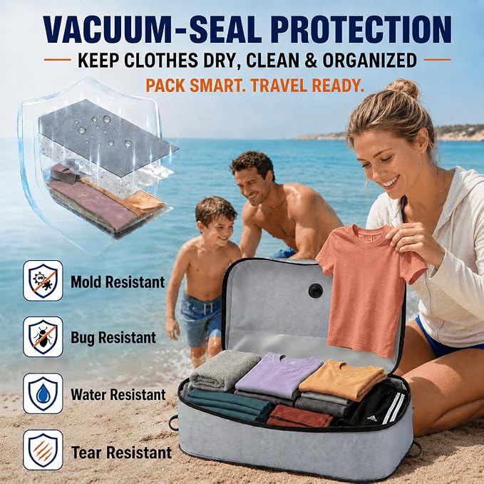 Vacuum bags for travel luggage with Wireless Pump – 270° Open, IP68 Waterproof, Reusable Compression Bags, Pack More in Carry-On & Checked Suitcases(2Pack+Pump) - Image 5