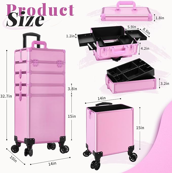Rolling Makeup Train Case with Lid Cosmetology Case on Wheels | 5 in 1 Large Cosmetic Trolley Organizer Travel for Hairstylist Artist Nail Beauty Salon Barber Cart Trunk, Pink - Image 4