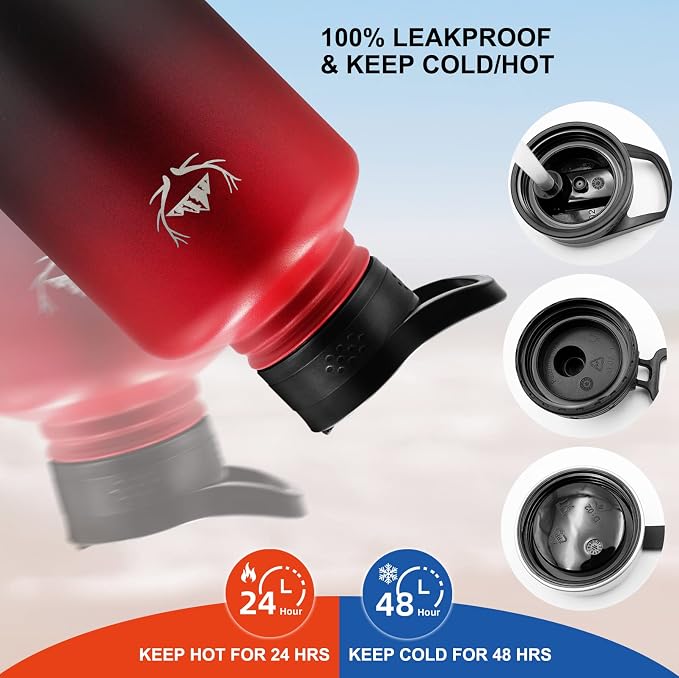 NATURE PIONEOR 64 oz Insulated Water Bottle with Carrier Bag & 3 Lids | 18/8 Food-grade Stainless Steel, Double Vacuum Insulation, 3 Leak-proof Lids, Strap, Camping, Hiking, Gym, Work - Image 3