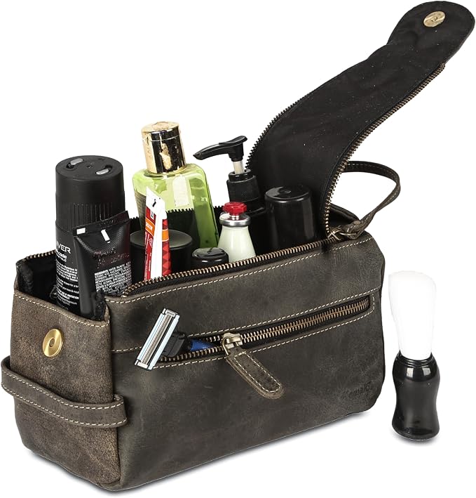 KomalC Premium Buffalo Leather Toiletry Bag for Men & Women With Water resistant Lining, Grooming Travel Pouch, Unisex Wash Bag for Toiletries, Gifts for Men and Women - Image 6