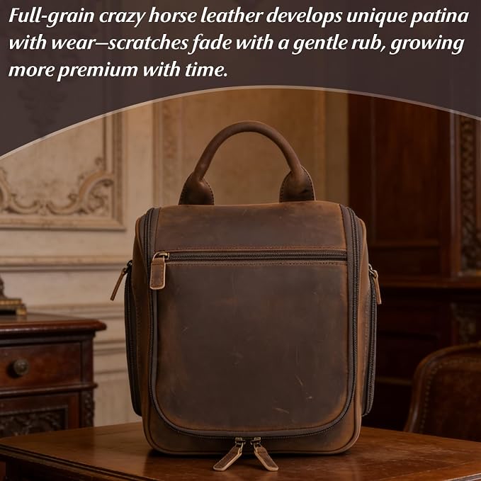Versatile Genuine Leather Travel Hanging Toiletry Bag, A Dark Brown Hanging Makeup Organizer for Men or Women, Water-resistant Shaving Kit Bag Suitable for Camping and Travel Trips - Image 4