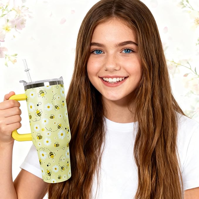 30 oz Bee Stainless Steel Tumbler with lid and Straw, Coffee Travel Mug Cup Water Botter,Bee Gifts for Women