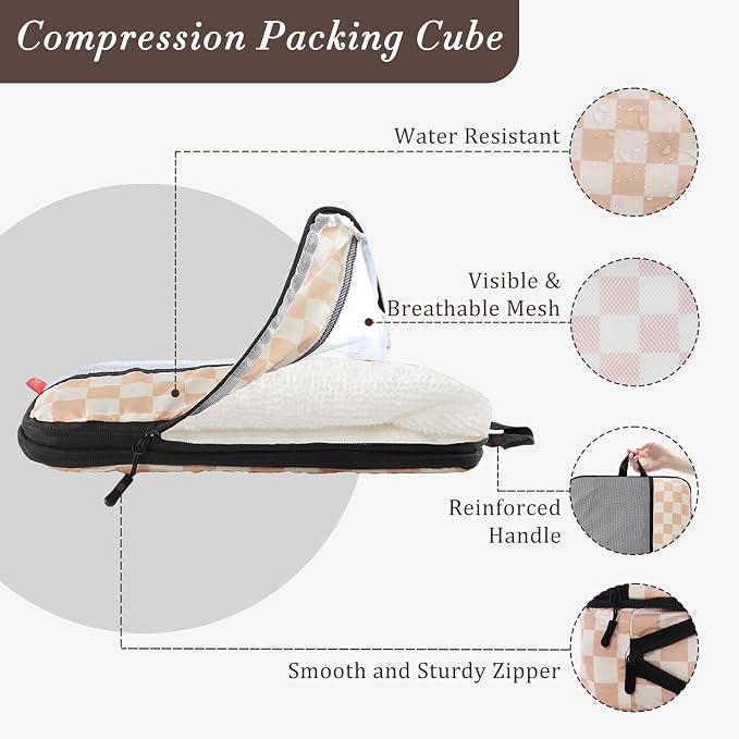 U+U 10 Set Compression Packing Cubes - Ultralight Travel Organizers with Laundry Bag and Cosmetic Bag, Space-Saving Suitcase Organizer for Travel, Business Trip and Family Vacation (Khaki Checkered) - Image 2