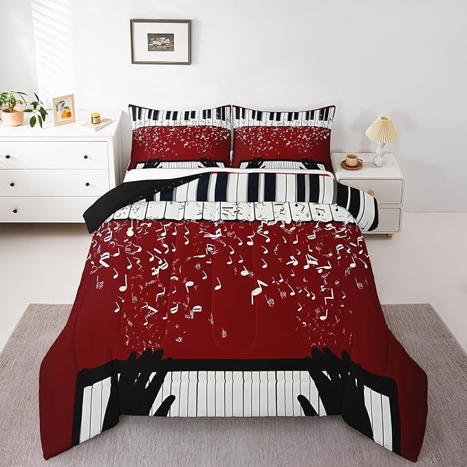 Erosebridal Music Notes Comforter Set for Kids Boys Teens Men Piano Keys Down Comforter King Size Rock Musical Bedding Set Play Piano Duvet Sets Music Bedroom Decor with 2 Pillow Cases Red Black by Erosebridal
