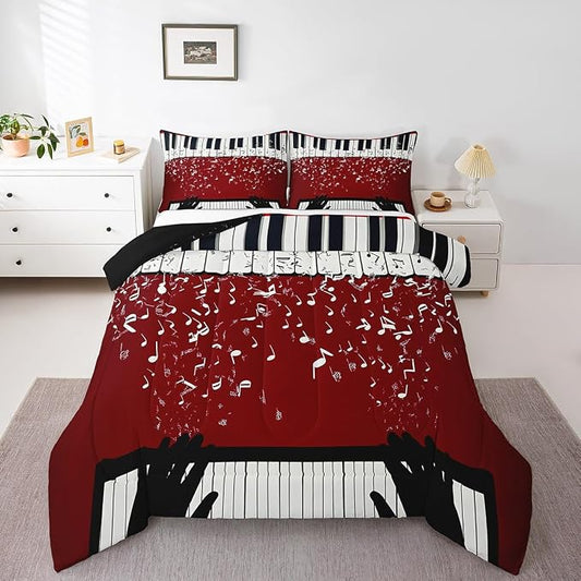 Erosebridal Music Notes Comforter Set for Kids Boys Teens Men Piano Keys Down Comforter Full Size Rock Musical Bedding Set Play Piano Duvet Sets Music Bedroom Decor with 2 Pillow Cases Red Black by Erosebridal