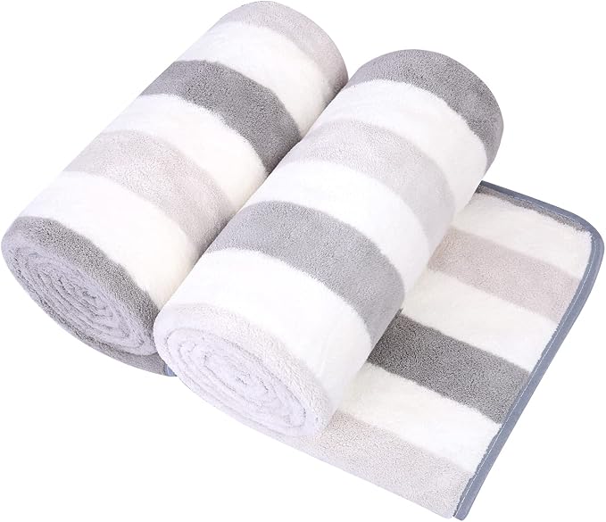 JML Microfiber Bath Towels, 30" x 60", Cabana Stripe Grey, Set of 2 | Hanging Loop,Large, Soft, Super Absorbent, Fast Drying, Perfect for Hair Wrap, Sport, Fitness, Yoga by JML