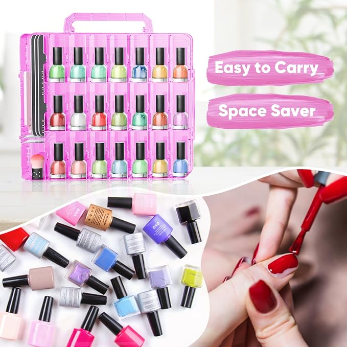 JIASHENG Nail Polish Organizer Case for 48 Bottles Gel Nail Polish Storage | Double Side Adjustable Space Divider for Acrylic Nail Gel Dip Powder Tips Set with Two Toe Separator, Pink - Image 4