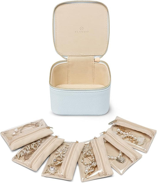 VLANDO Travel Jewelry Case,Travel Jewelry Organize with 6 Velvet Jewelry Zipper Pockets,Premium Petal Hardware Jewelry Case for Birthday Wedding Graduation Gifts-Baby Blue by VLANDO