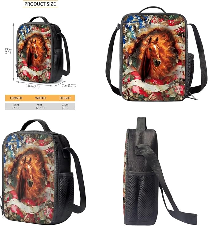 American Flag Horse Print Lightweight Backpack Set with Shoulder Lunch Bag Independence Day, Pen Bag, Camo Forest Print School Students Daypack, Middle School Students Knapsack Set for Kids - Image 6