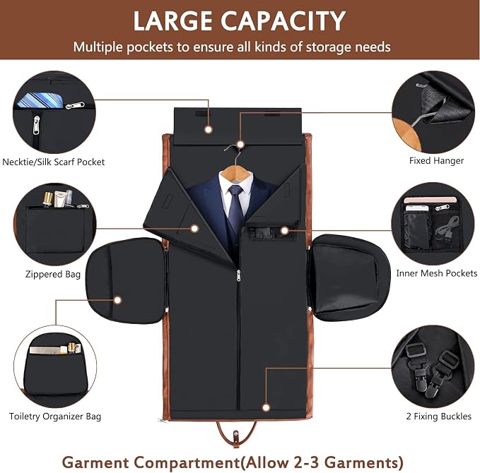 Garment Bag for Travel, Convertible Carry on Garment Duffel Bag for Men 3Pcs Weekender Bag 2 in 1 Hanging Suitcase Suit Bag - Image 3