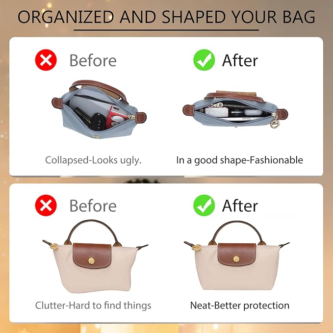 Soft Nylon Purse Organizer Insert for Longchamp Le Pliage Mini Handbag, Lightweight Luxury Long Champ Mini Handbag Storage Divider with 5 Upgraded Deepened Compartments,XS/Beige - Image 5