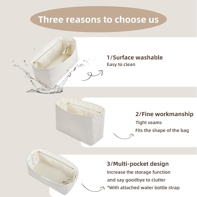 Lightweight Bag Insert for Artois PM, Side Zipper, Nata | Bottle Holder and Side Zip, Smooth Satin Interior, Easy-Care Outer Surface, Multiple Color Options, Structured Yet Flexible - Image 4
